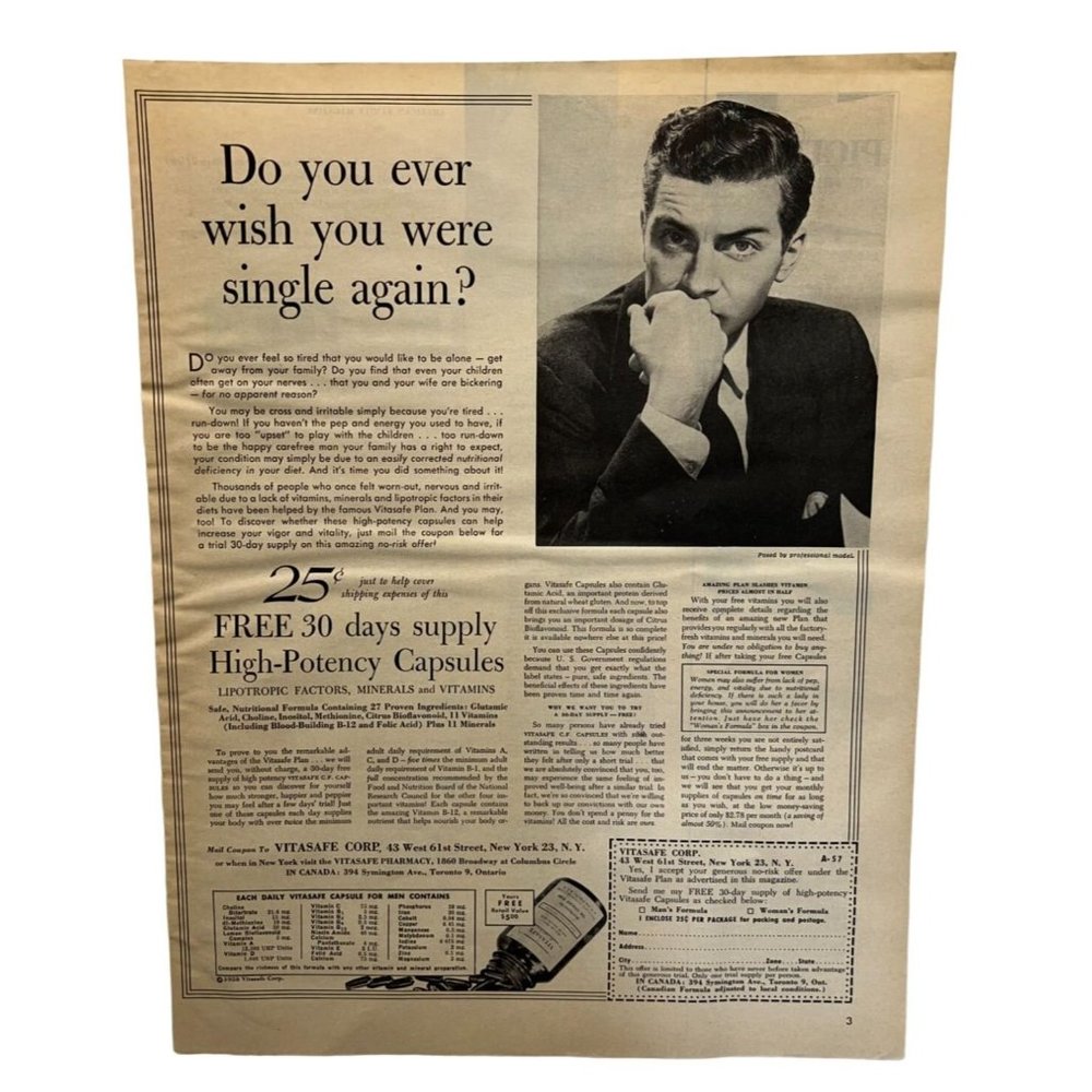 Vintage 1958 Print Ad Vitasafe Vitamin Capsules Health Energy Mail Order